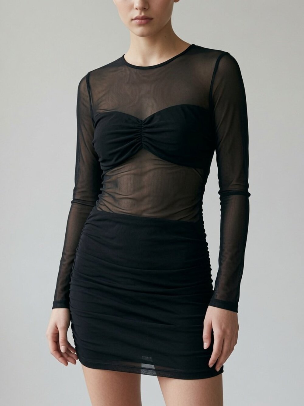 Windsor Black Ruched Mesh Mini Dress Sheer Long Sleeve Bodycon Size S